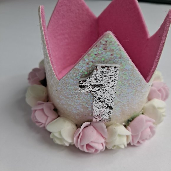 First Birthday Girl Crown Hats Party Celebration White pink Glitter - Picture 4 of 8
